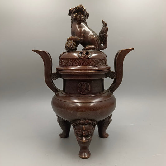 Chinese Antique Ruyi Ear Embroidered Ball Lion Lid Stove Copper Smoke Incense Stove