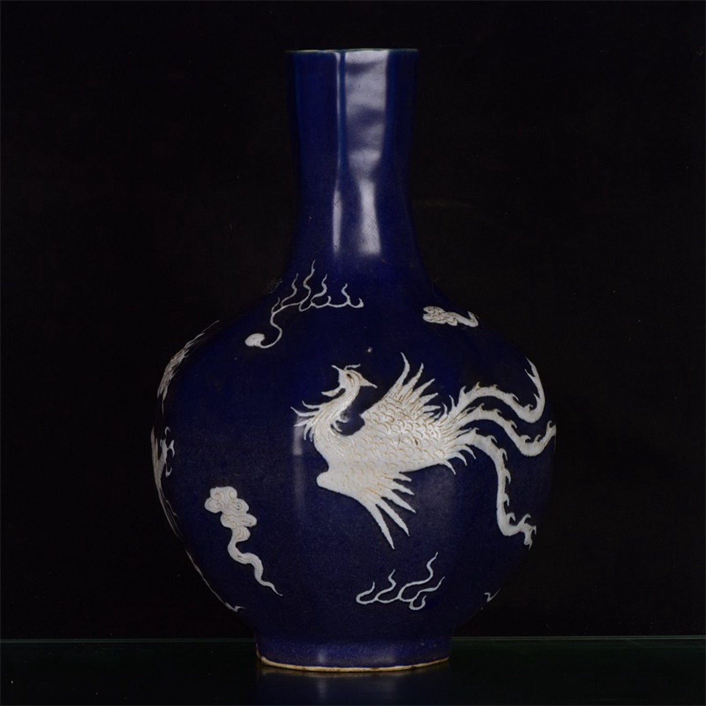 Chinese antique blue, white, dragon and phoenix with auspicious patterns, octagonal celestial sphere vase
