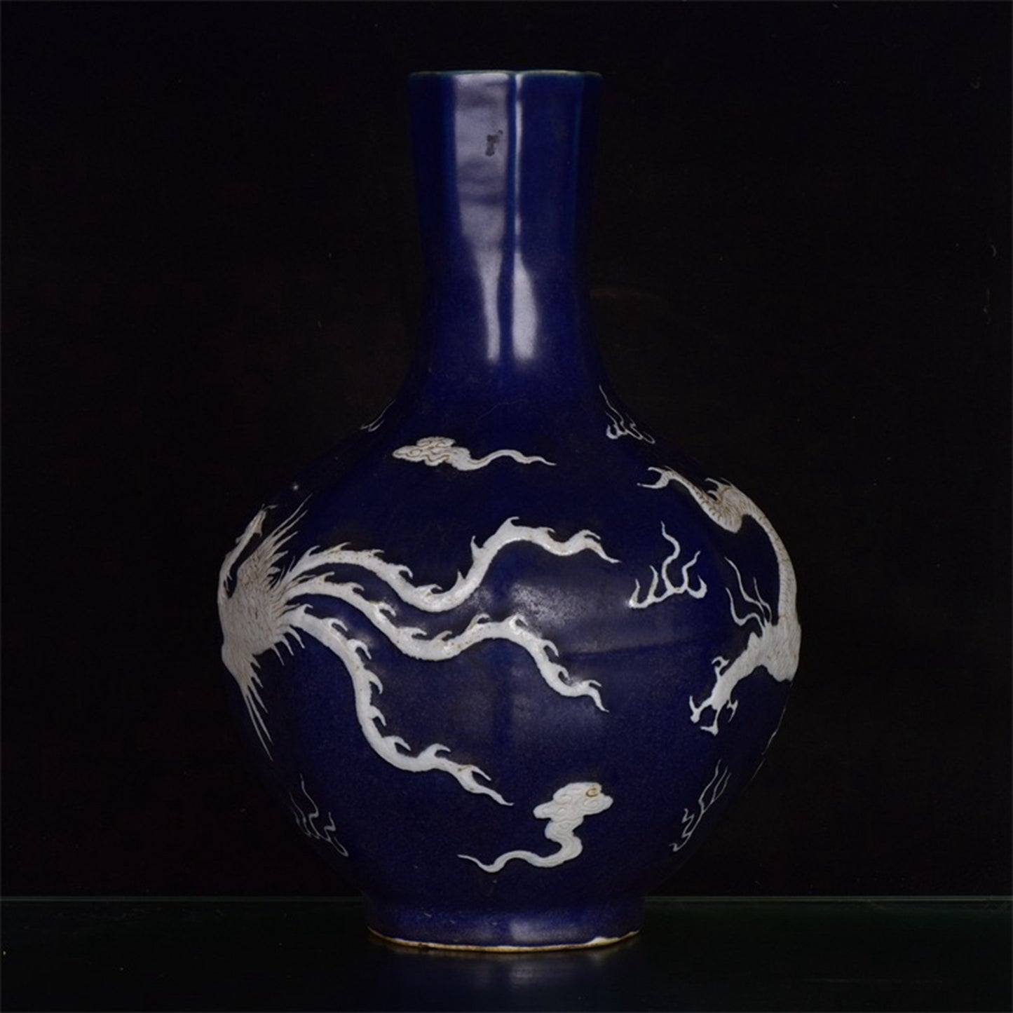 Chinese antique blue, white, dragon and phoenix with auspicious patterns, octagonal celestial sphere vase