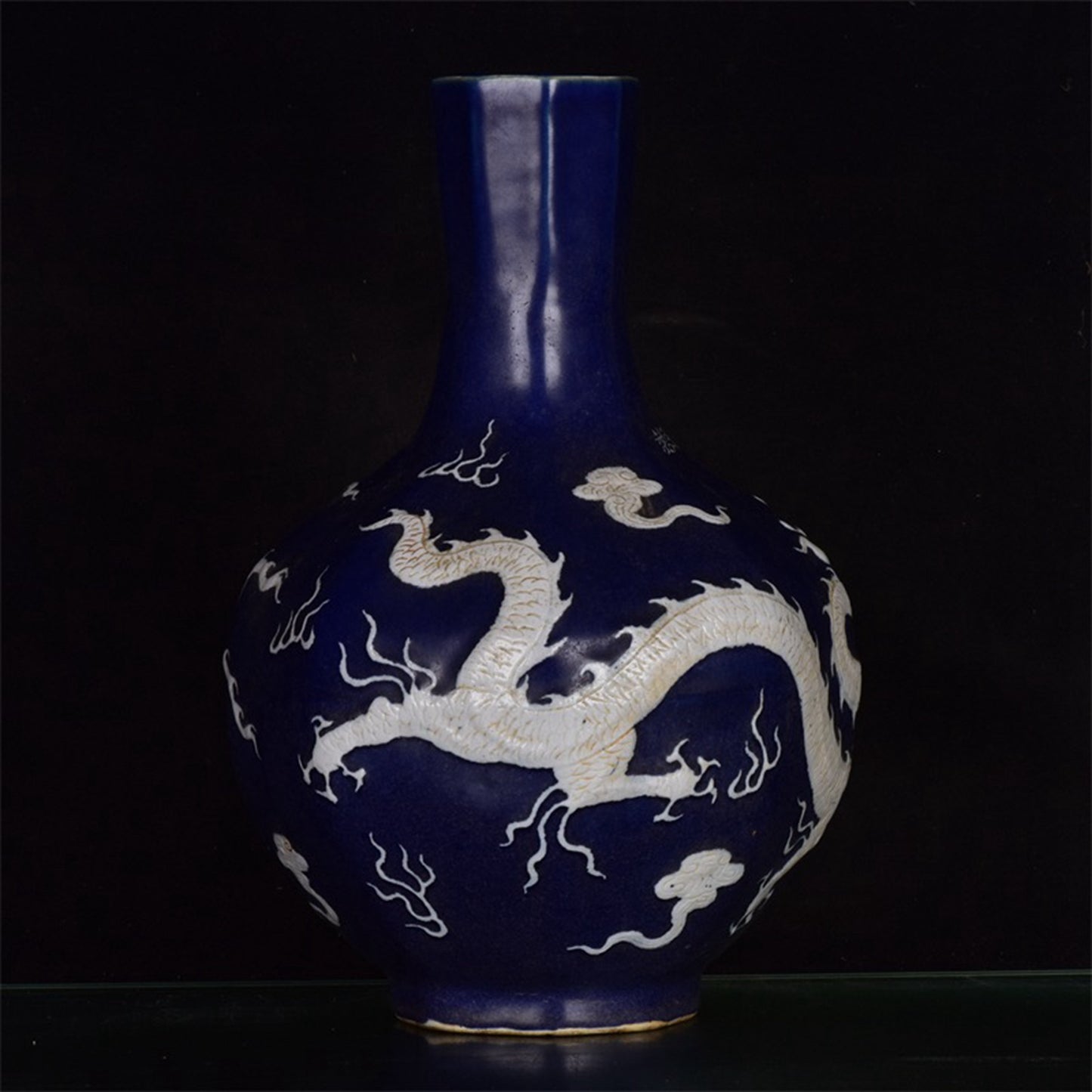 Chinese antique blue, white, dragon and phoenix with auspicious patterns, octagonal celestial sphere vase