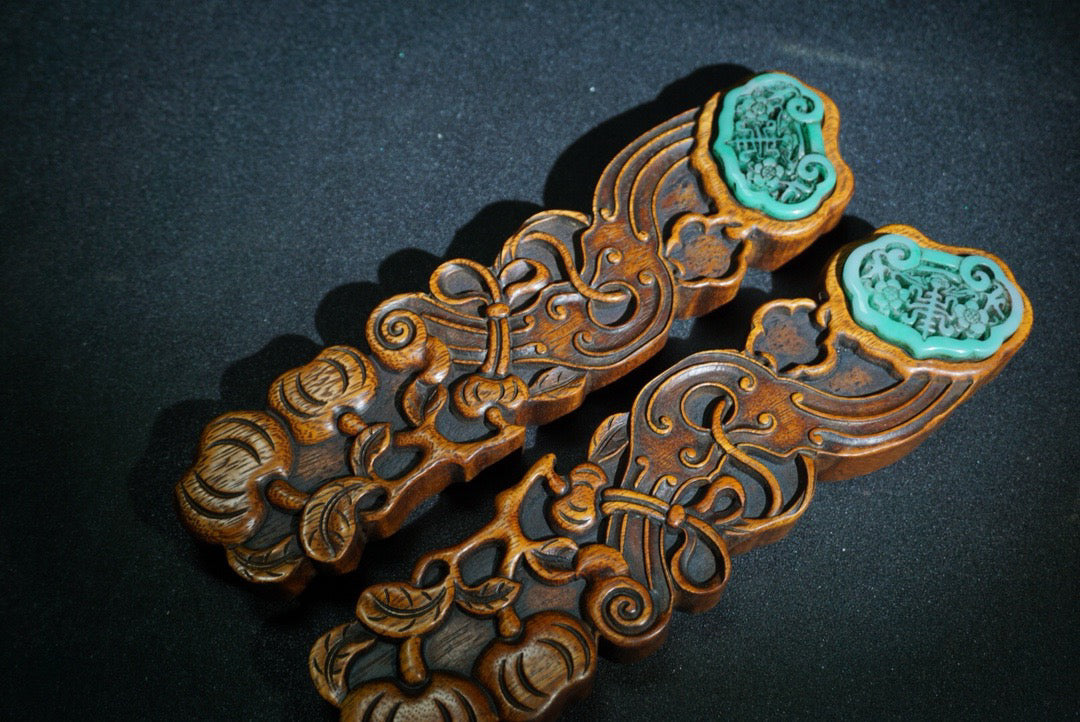 A pair of Chinese antique pear wood carved weighing scales