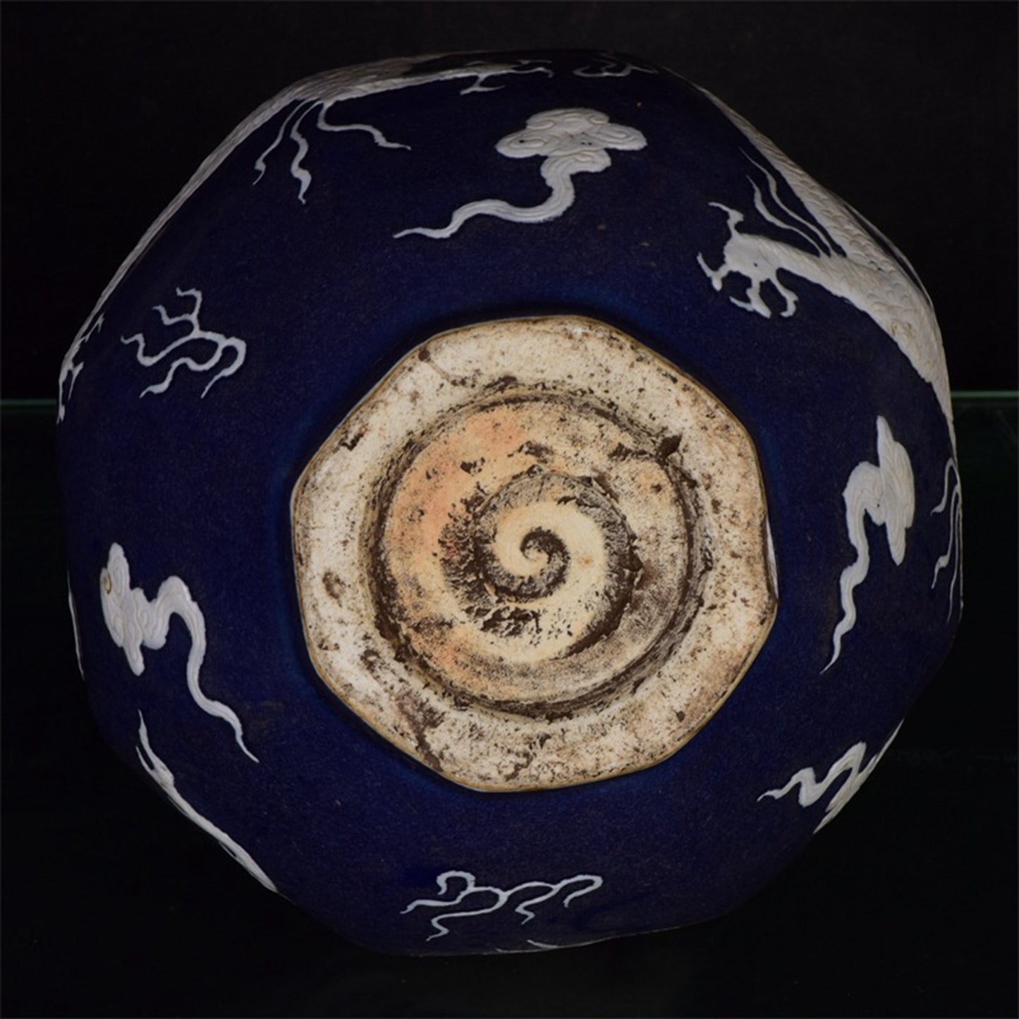 Chinese antique blue, white, dragon and phoenix with auspicious patterns, octagonal celestial sphere vase