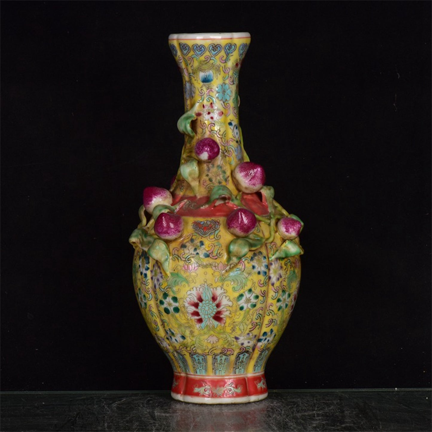 Chinese antique yellow glazed pink relief peach vase