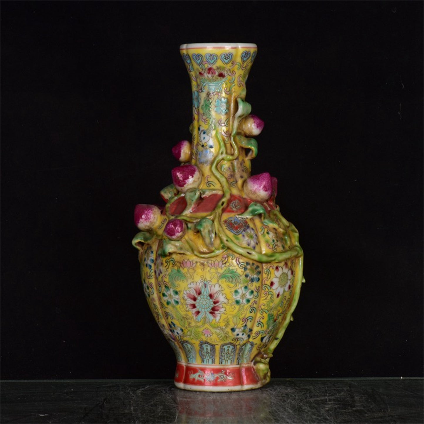 Chinese antique yellow glazed pink relief peach vase