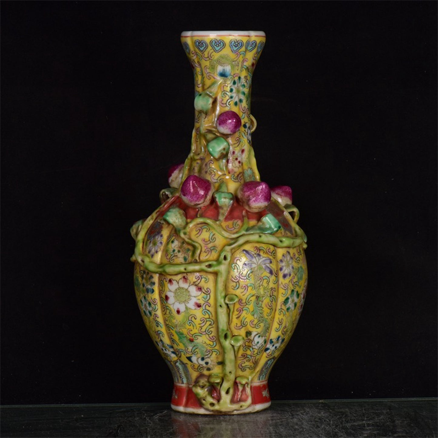 Chinese antique yellow glazed pink relief peach vase