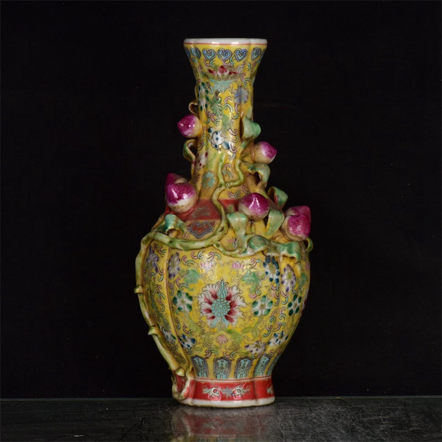 Chinese antique yellow glazed pink relief peach vase