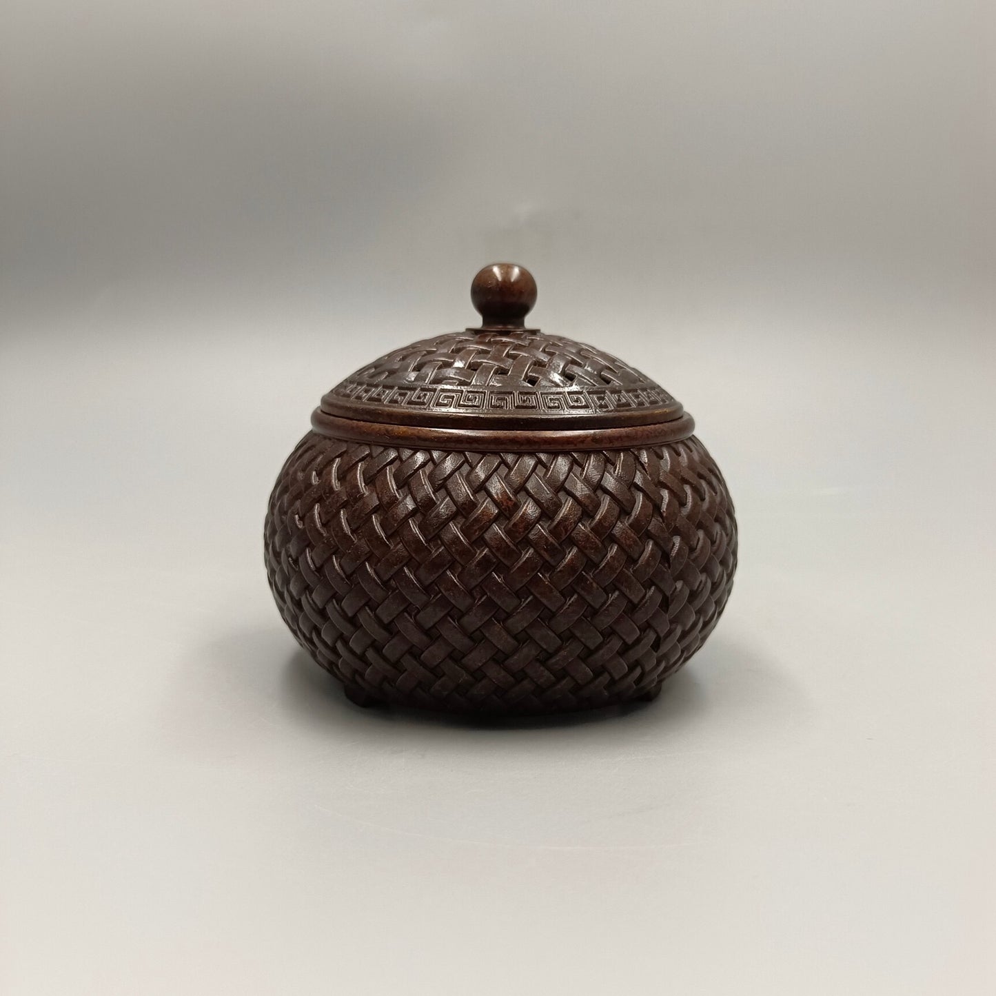 Chinese Antique Three legged Big Belly Weaving Stove Copper Smoke Incense Stove
