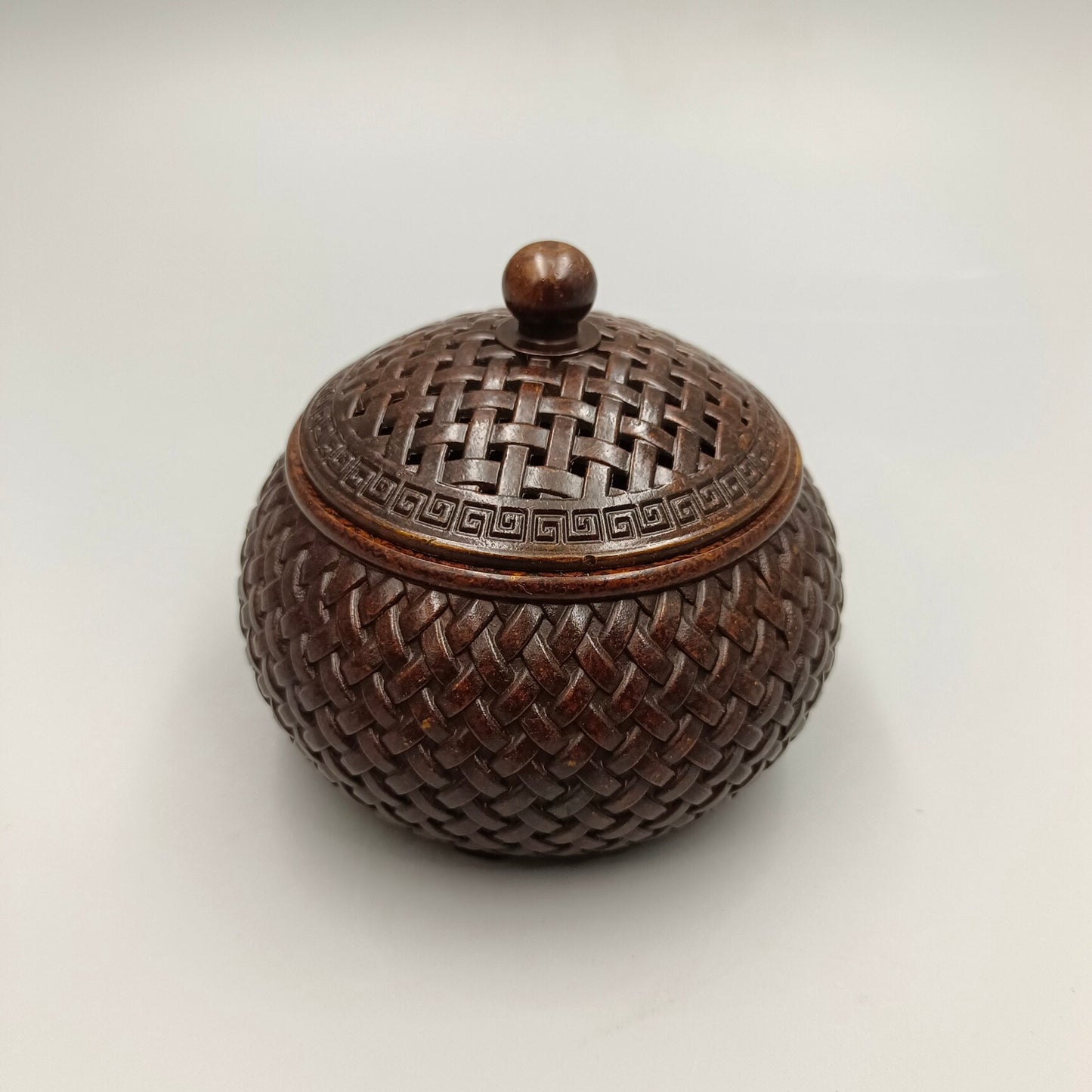 Chinese Antique Three legged Big Belly Weaving Stove Copper Smoke Incense Stove