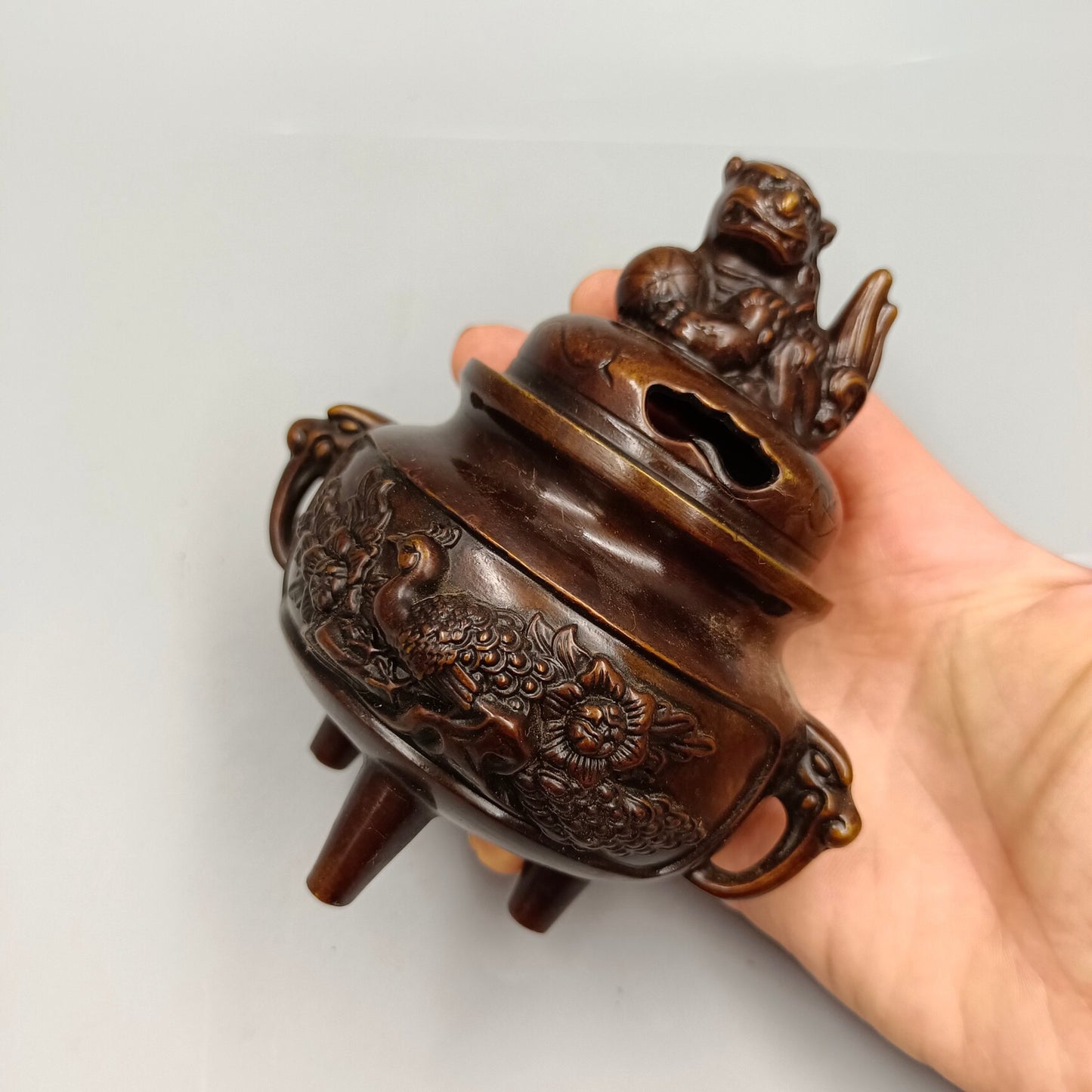 Chinese Antique Peacock Open Screen Embroidered Ball Lion Cover Copper Incense Burner