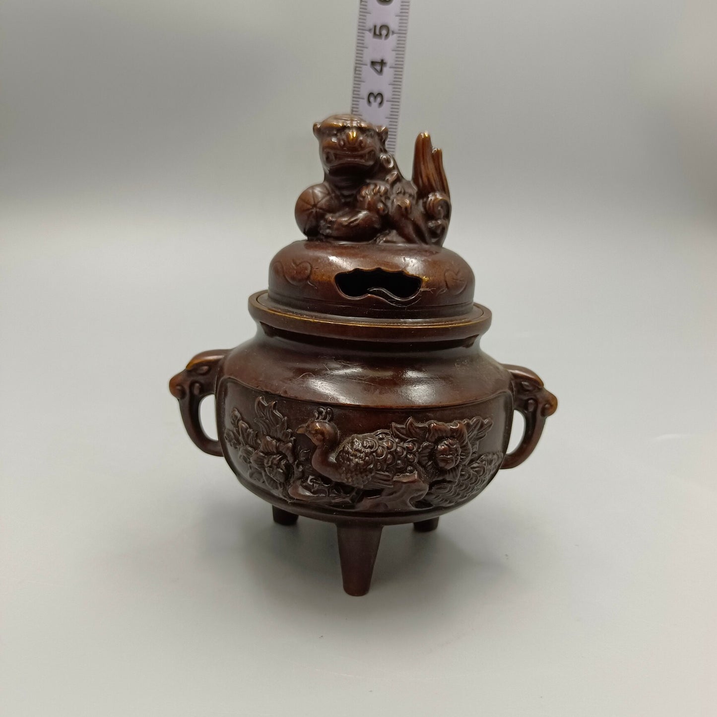Chinese Antique Peacock Open Screen Embroidered Ball Lion Cover Copper Incense Burner
