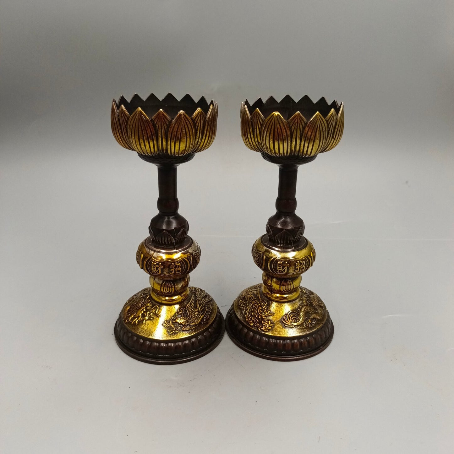 Chinese Antiques Bring Wealth and Treasures, Dragon and Phoenix Auspicious Bronze Wax Terrace