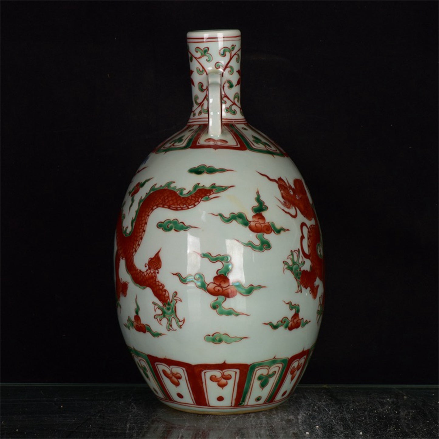 Chinese Antique Dragon Pattern Double Ear Moon Embracing Bottle