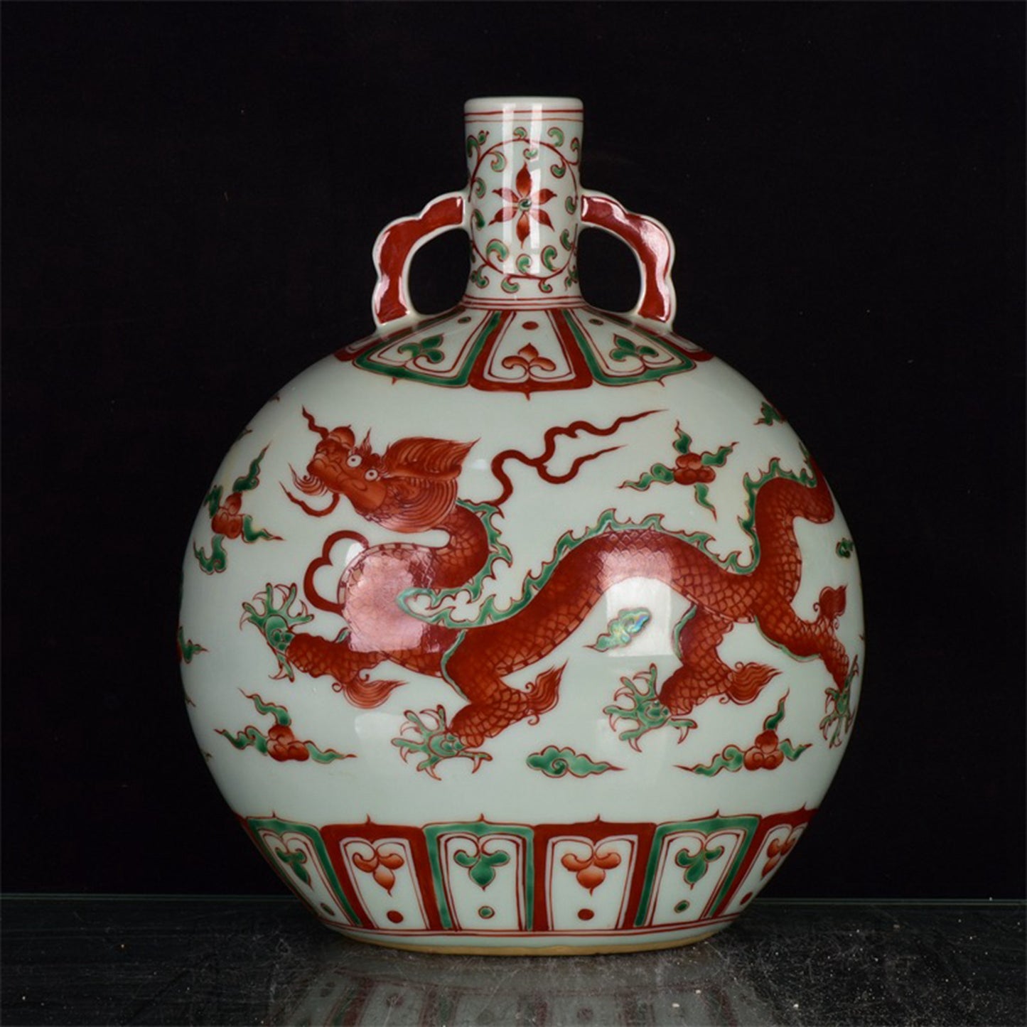 Chinese Antique Dragon Pattern Double Ear Moon Embracing Bottle