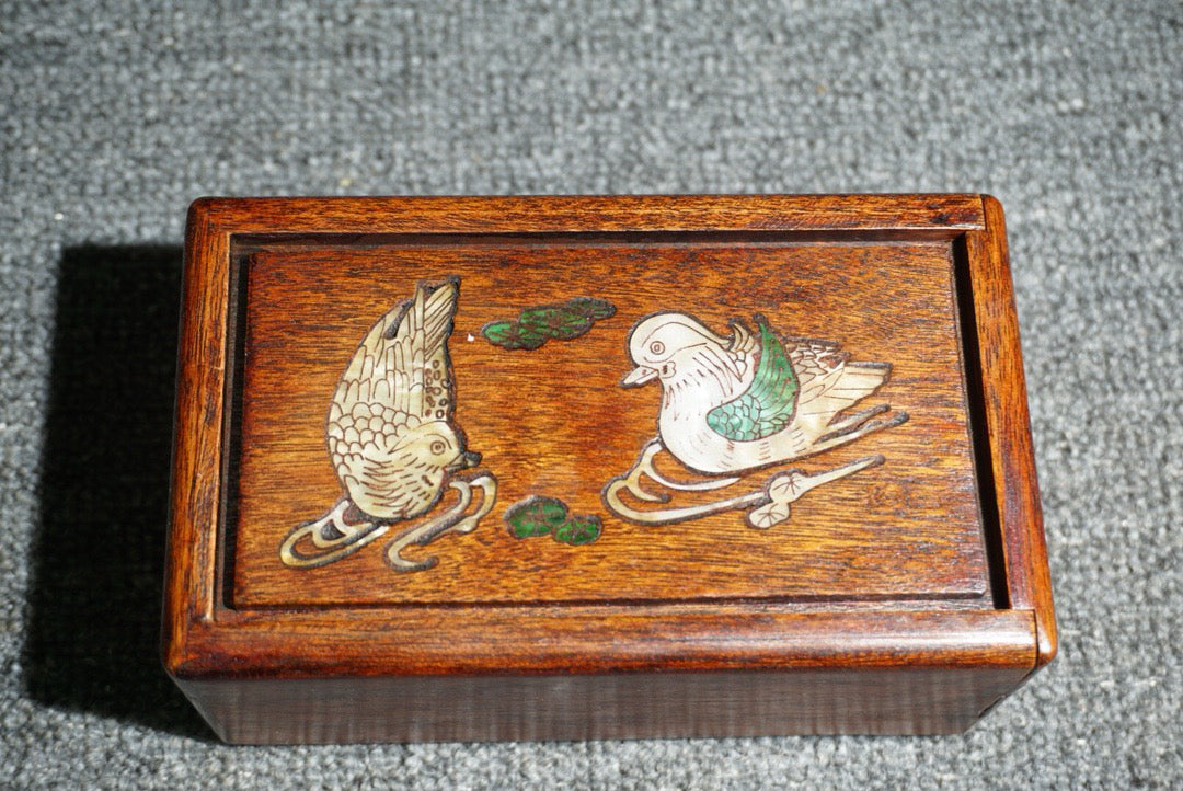 Chinese antique rosewood inlaid shell small mechanism box
