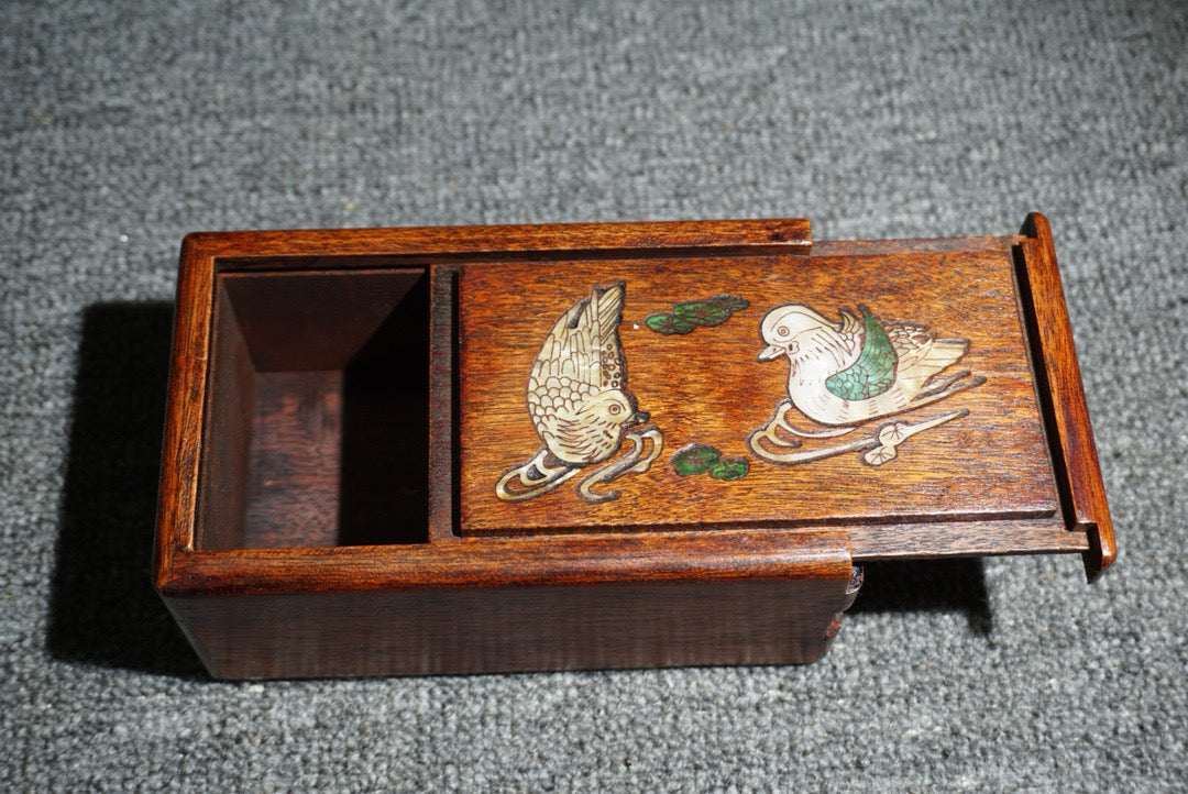 Chinese antique rosewood inlaid shell small mechanism box