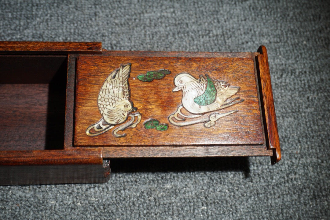 Chinese antique rosewood inlaid shell small mechanism box