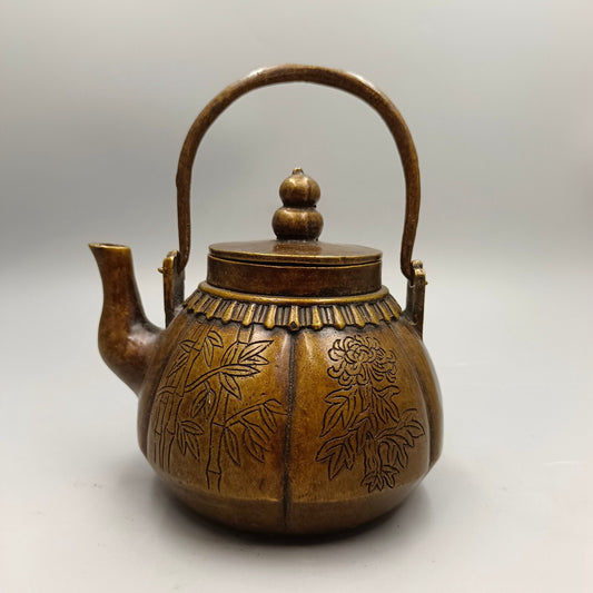 Chinese Antique Plum Orchid Bamboo Chrysanthemum Lifting Beam Pot Copper Wine Pot
