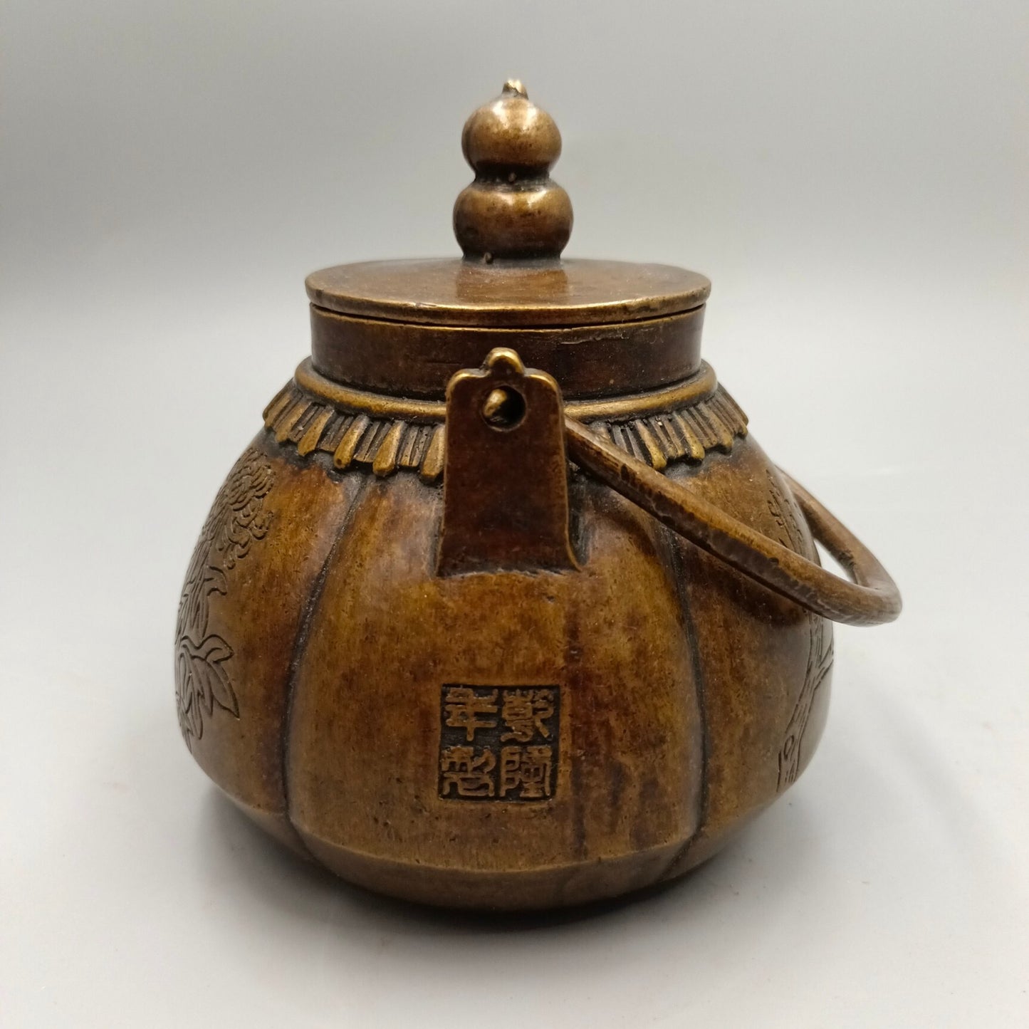 Chinese Antique Plum Orchid Bamboo Chrysanthemum Lifting Beam Pot Copper Wine Pot