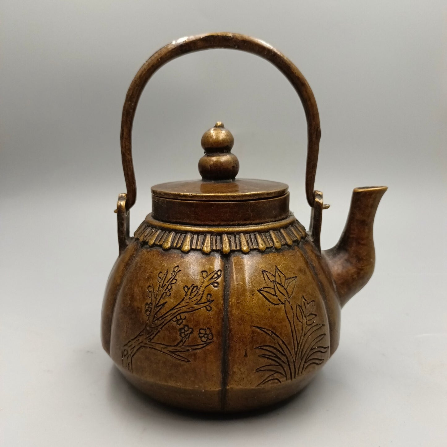 Chinese Antique Plum Orchid Bamboo Chrysanthemum Lifting Beam Pot Copper Wine Pot