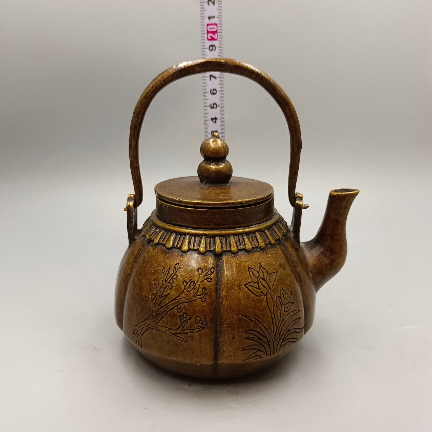 Chinese Antique Plum Orchid Bamboo Chrysanthemum Lifting Beam Pot Copper Wine Pot