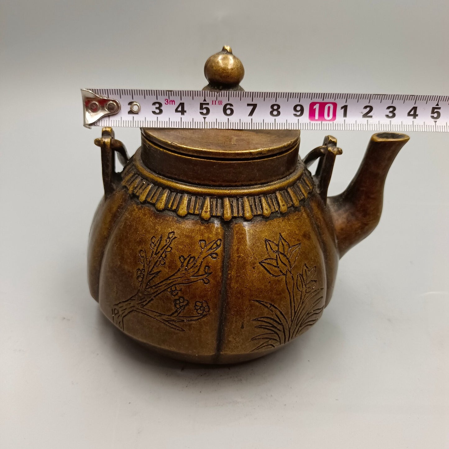 Chinese Antique Plum Orchid Bamboo Chrysanthemum Lifting Beam Pot Copper Wine Pot