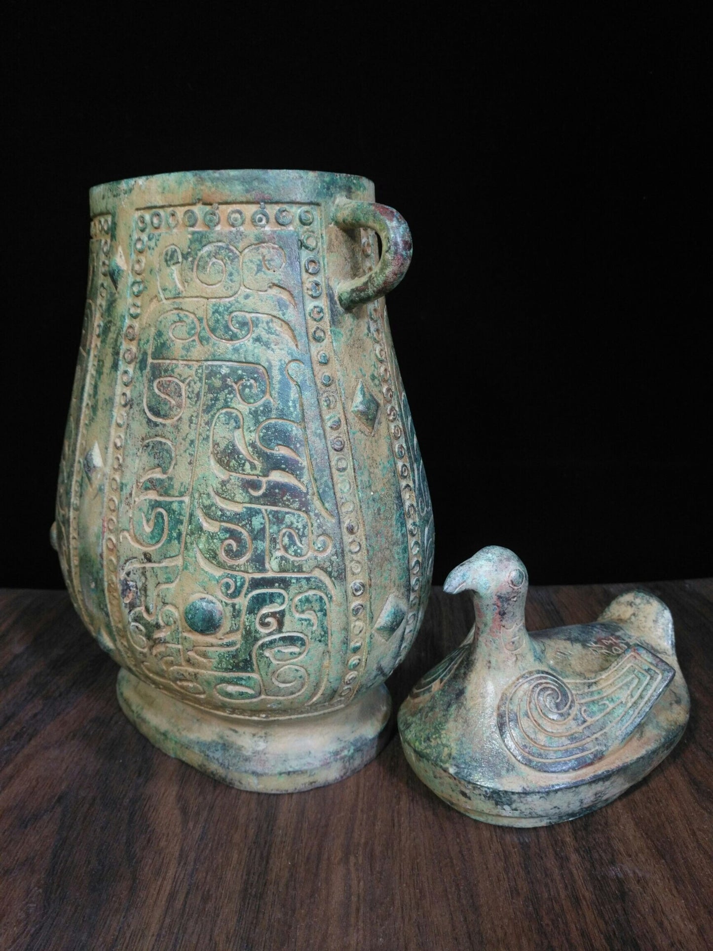 Chinese antique bronze teapot with deformed bird cover and animal pattern