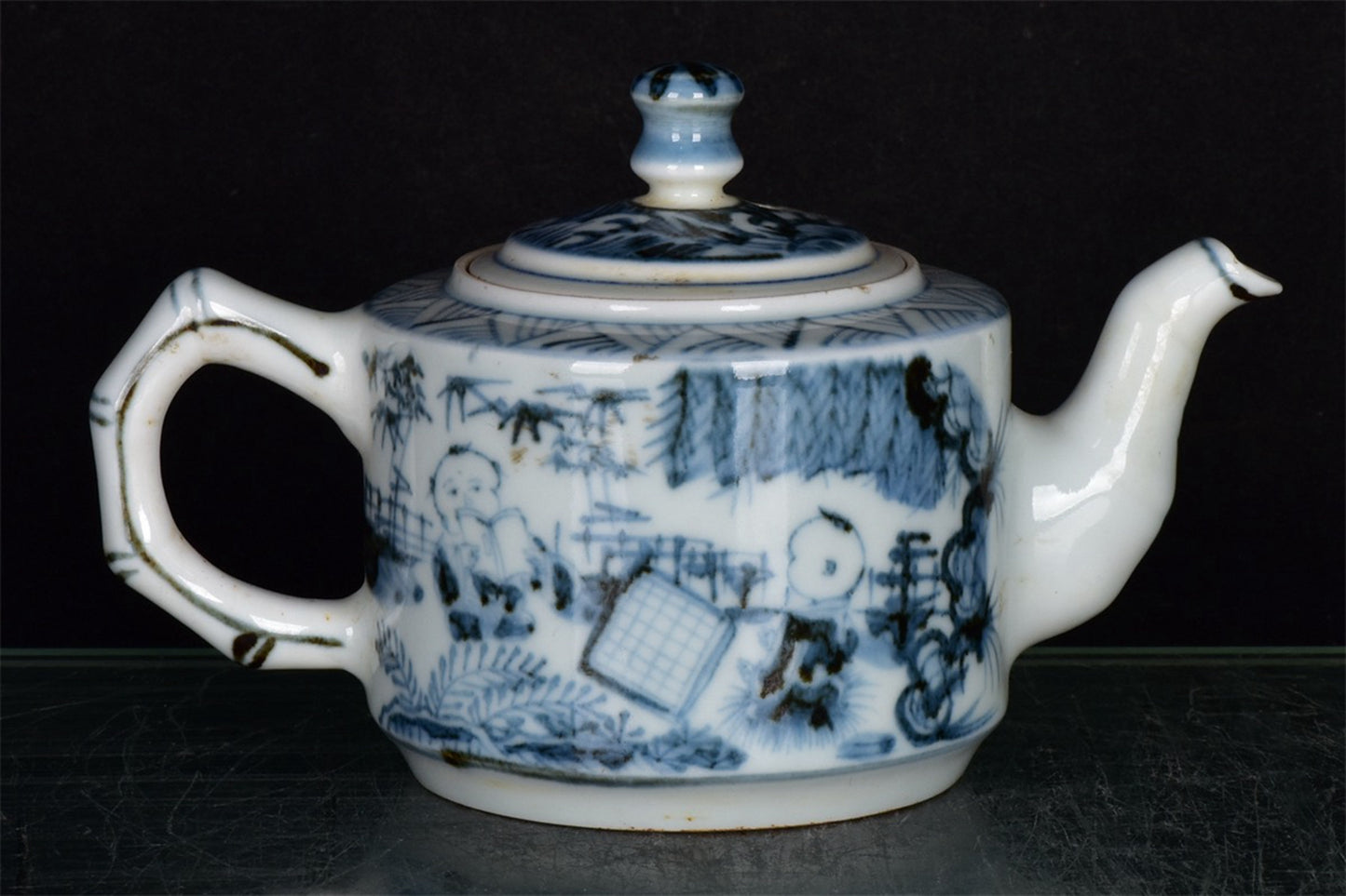 Chinese antique blue and white character story patterned teapot