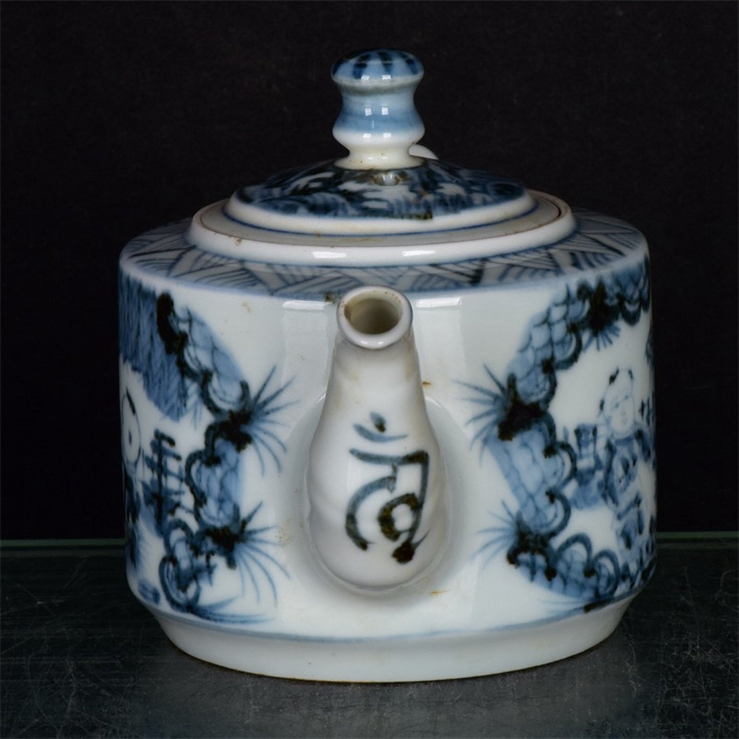 Chinese antique blue and white character story patterned teapot