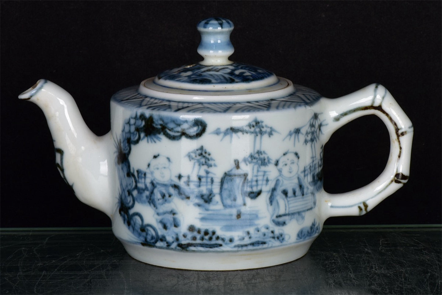 Chinese antique blue and white character story patterned teapot