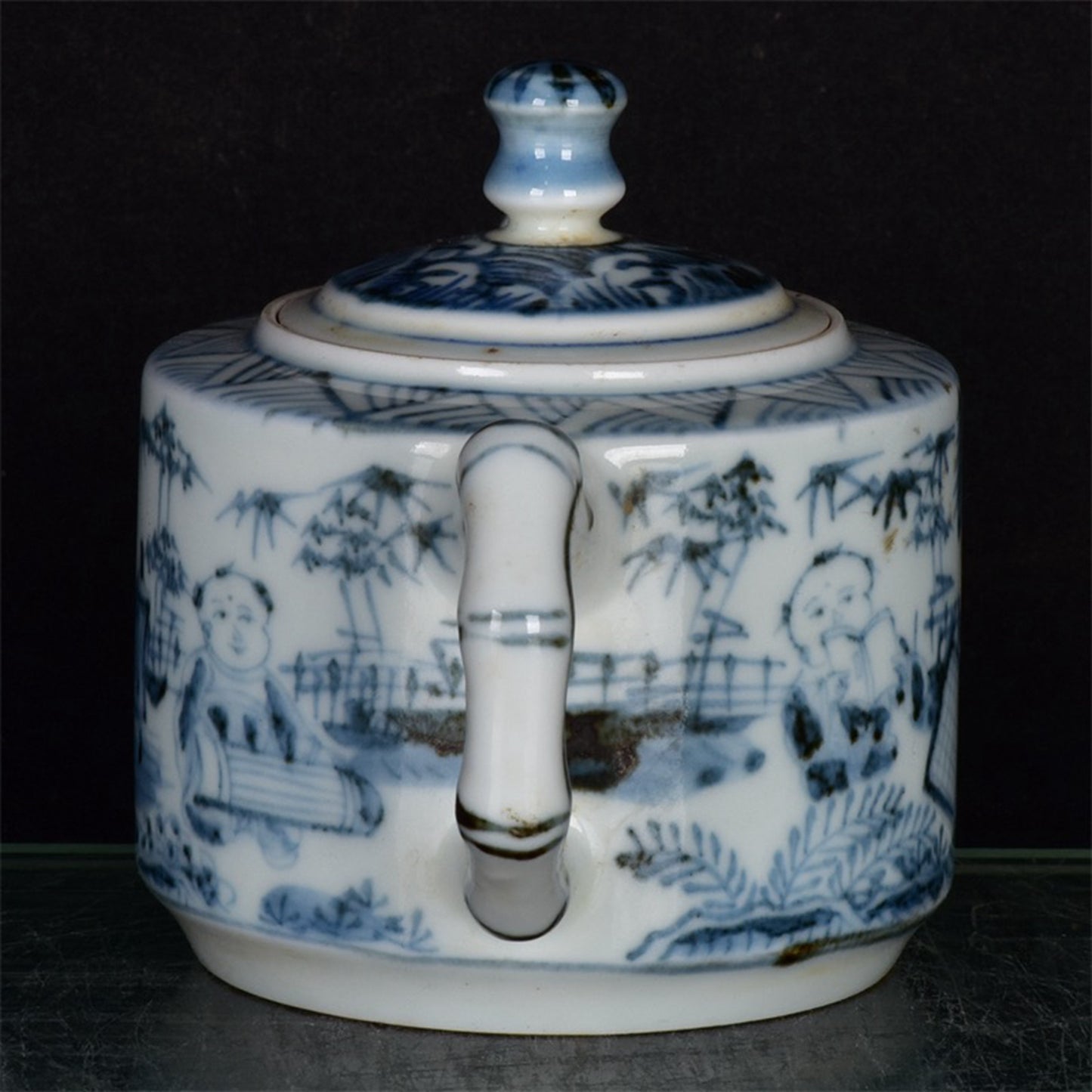 Chinese antique blue and white character story patterned teapot
