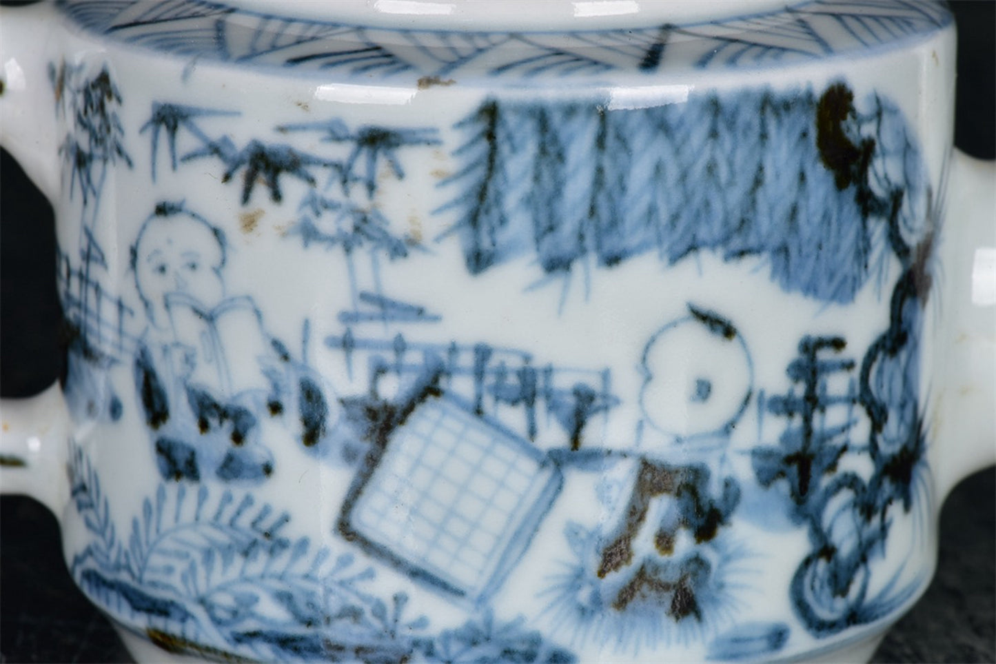 Chinese antique blue and white character story patterned teapot