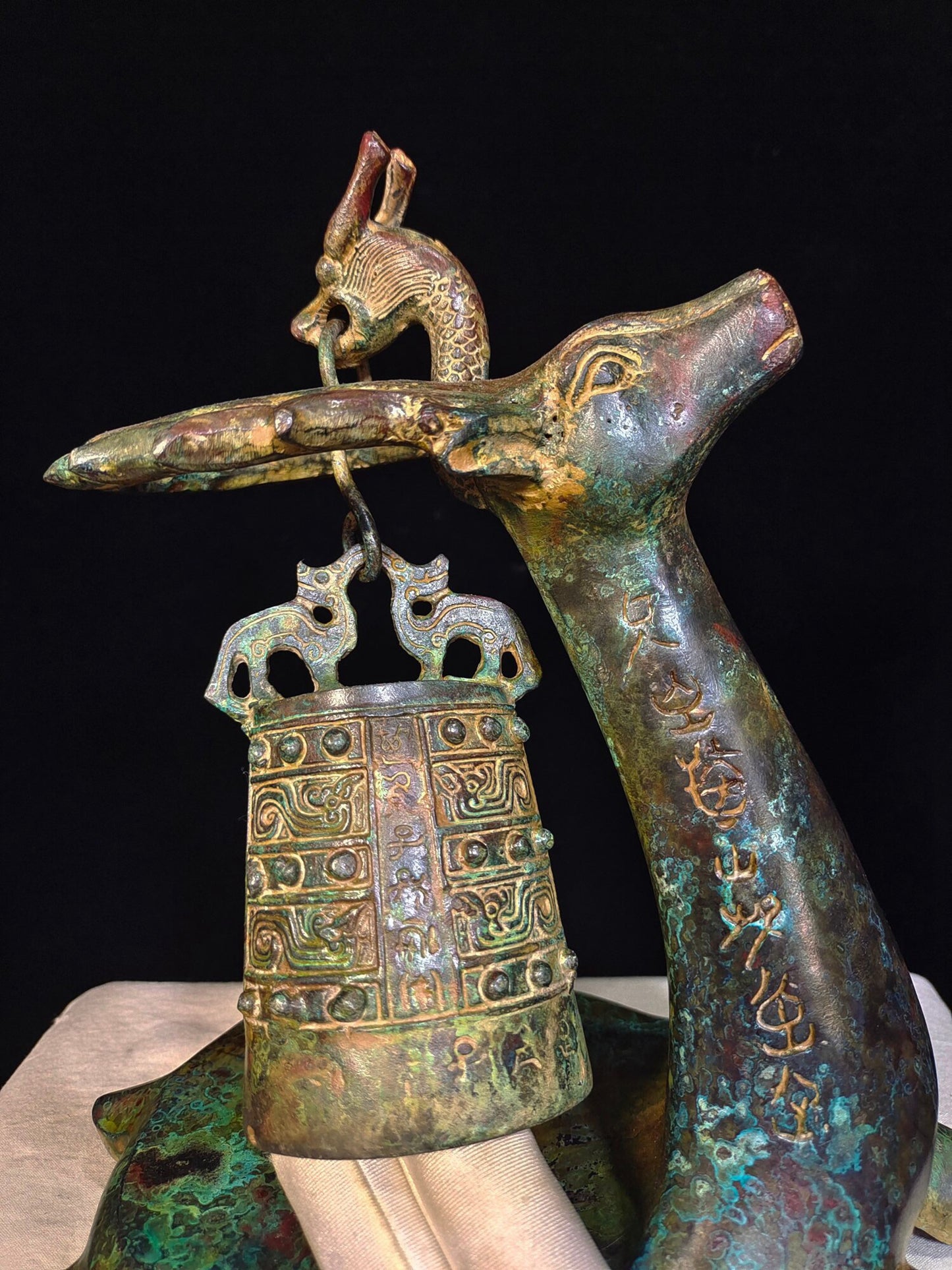 Chinese antique bronze "Kneeling Deer and Bow Bell"