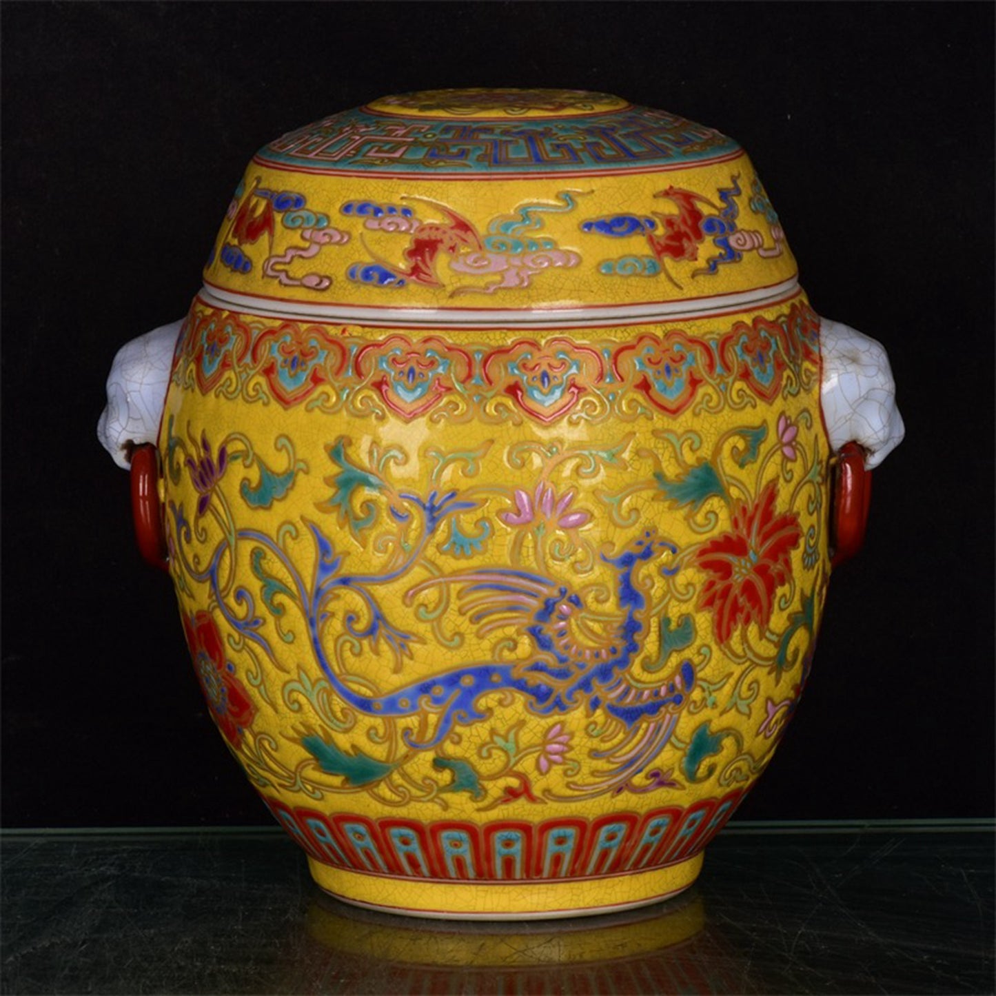Chinese Antique Yellow Glazed Enamel Colored Entangled Branch Flower Pattern Double Lion Ear Cap Jar