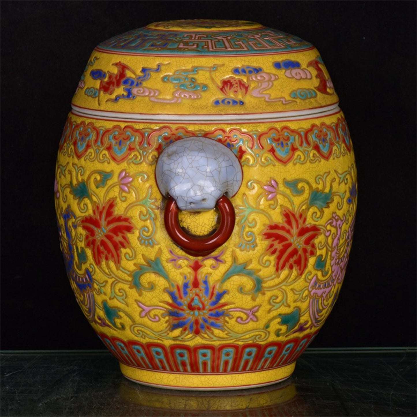 Chinese Antique Yellow Glazed Enamel Colored Entangled Branch Flower Pattern Double Lion Ear Cap Jar