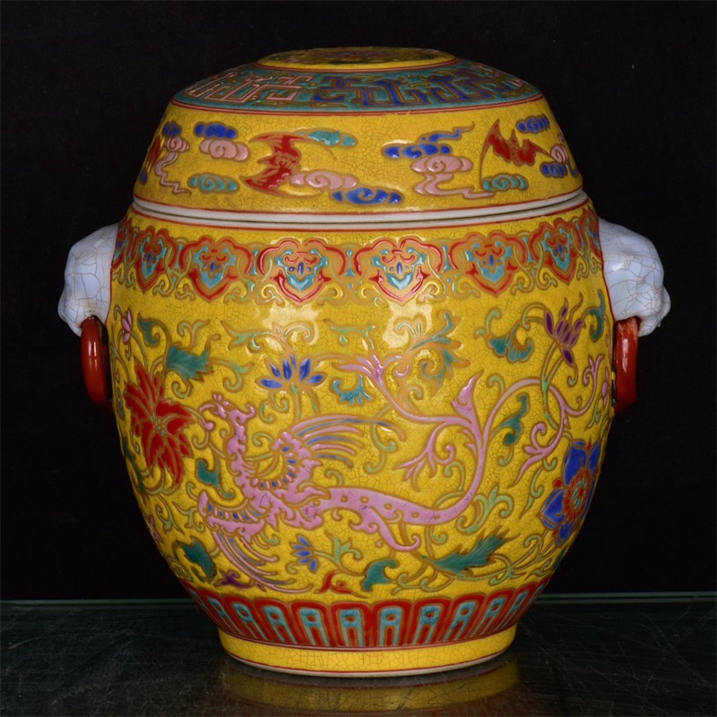 Chinese Antique Yellow Glazed Enamel Colored Entangled Branch Flower Pattern Double Lion Ear Cap Jar