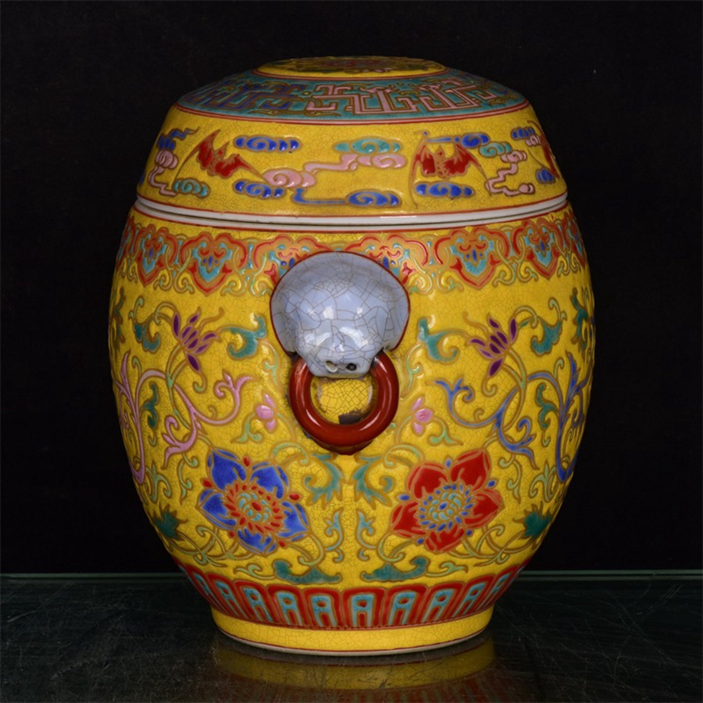 Chinese Antique Yellow Glazed Enamel Colored Entangled Branch Flower Pattern Double Lion Ear Cap Jar