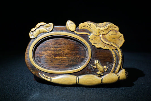 Chinese antique rosewood inlaid bamboo yellow inkstone