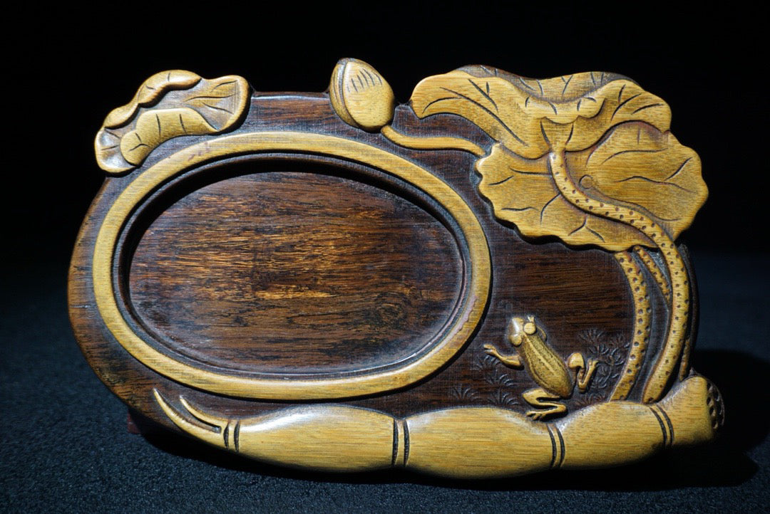 Chinese antique rosewood inlaid bamboo yellow inkstone