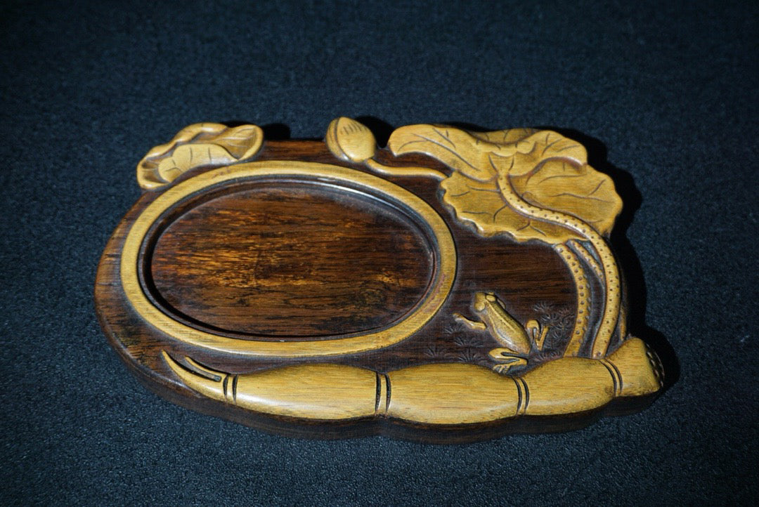 Chinese antique rosewood inlaid bamboo yellow inkstone