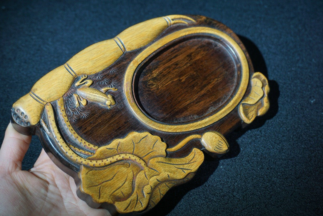 Chinese antique rosewood inlaid bamboo yellow inkstone
