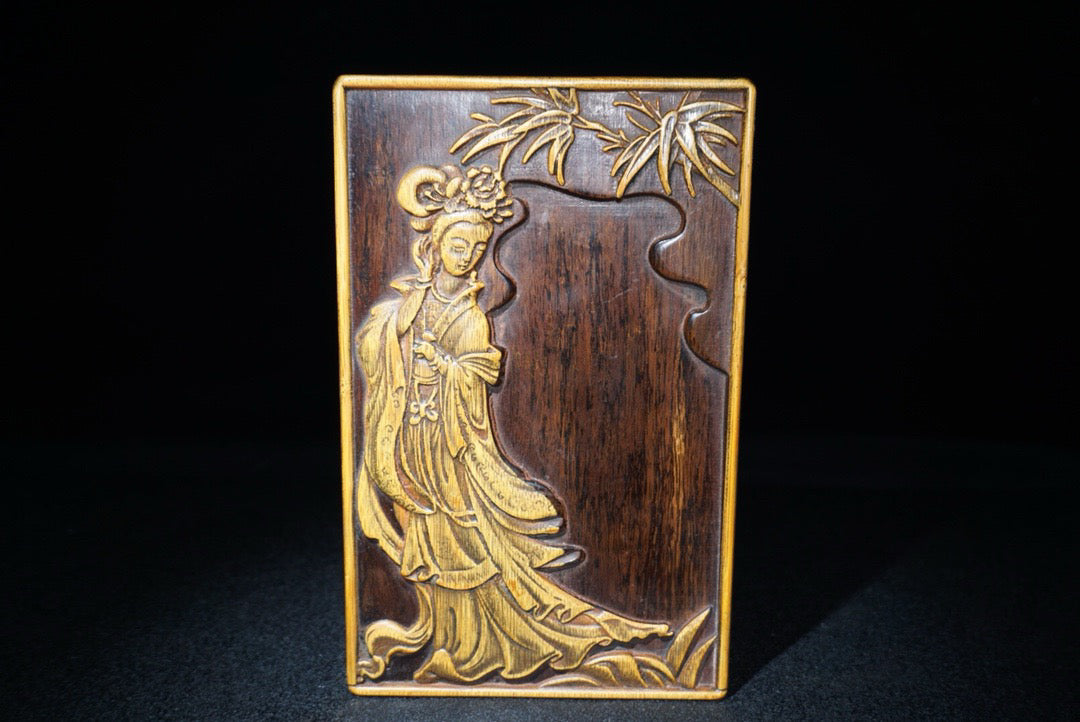 Chinese antique rosewood inlaid bamboo yellow inkstone