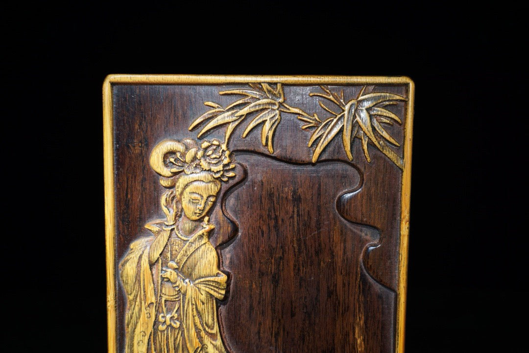 Chinese antique rosewood inlaid bamboo yellow inkstone