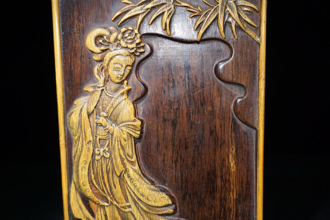 Chinese antique rosewood inlaid bamboo yellow inkstone