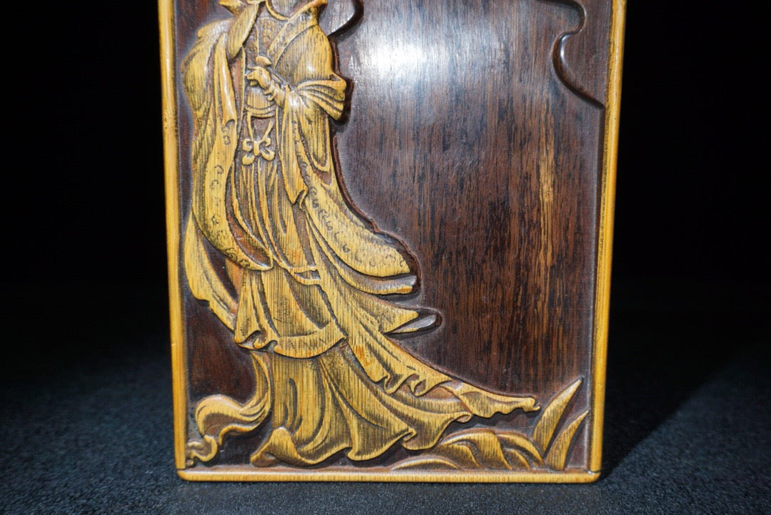 Chinese antique rosewood inlaid bamboo yellow inkstone