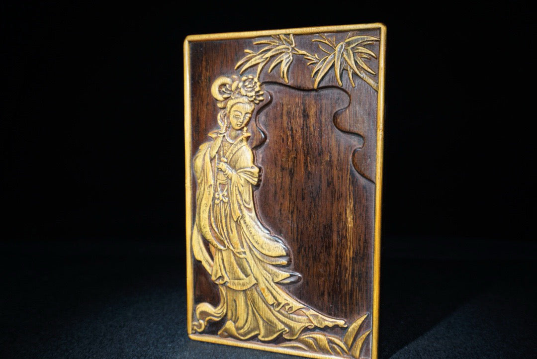 Chinese antique rosewood inlaid bamboo yellow inkstone