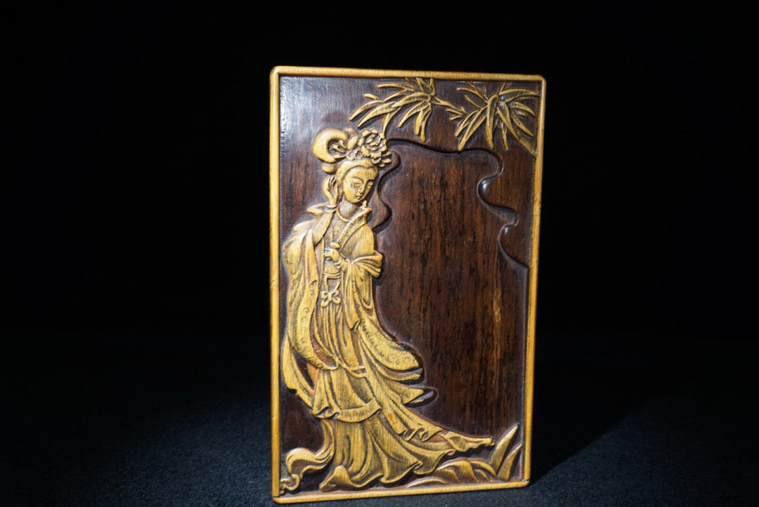 Chinese antique rosewood inlaid bamboo yellow inkstone
