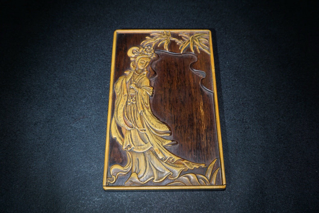 Chinese antique rosewood inlaid bamboo yellow inkstone
