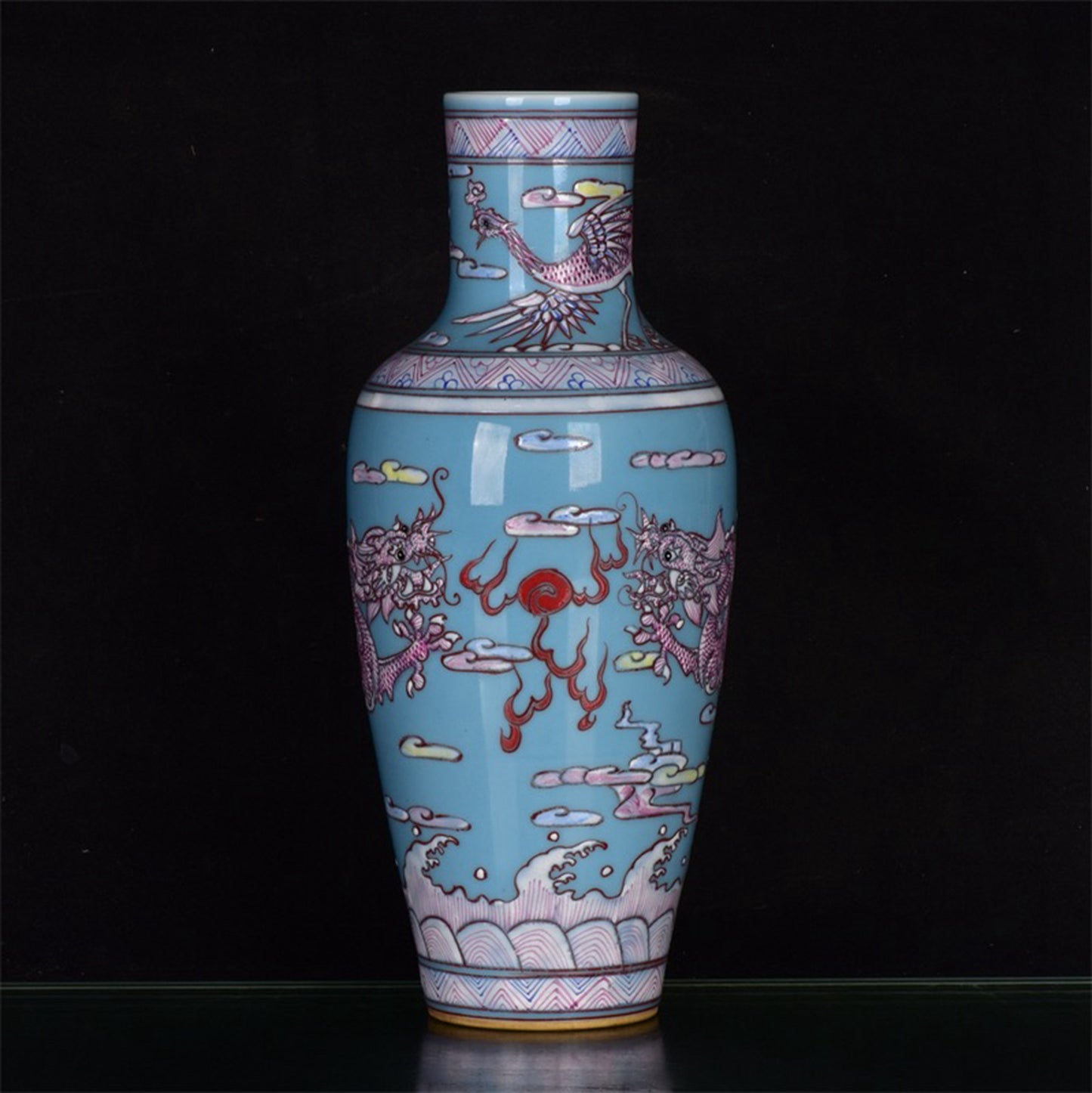 Chinese antique sky blue glazed rouge red dragon patterned bottle