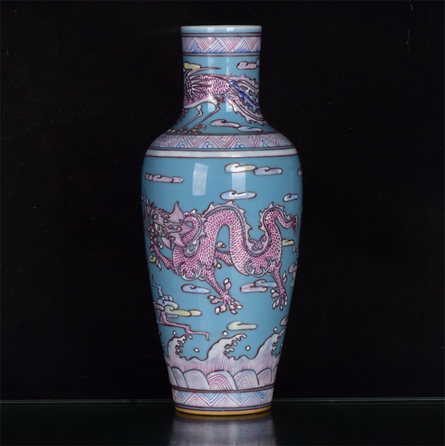 Chinese antique sky blue glazed rouge red dragon patterned bottle