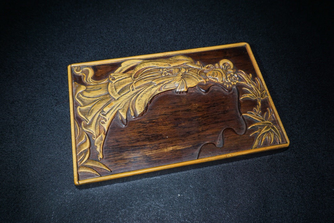 Chinese antique rosewood inlaid bamboo yellow inkstone